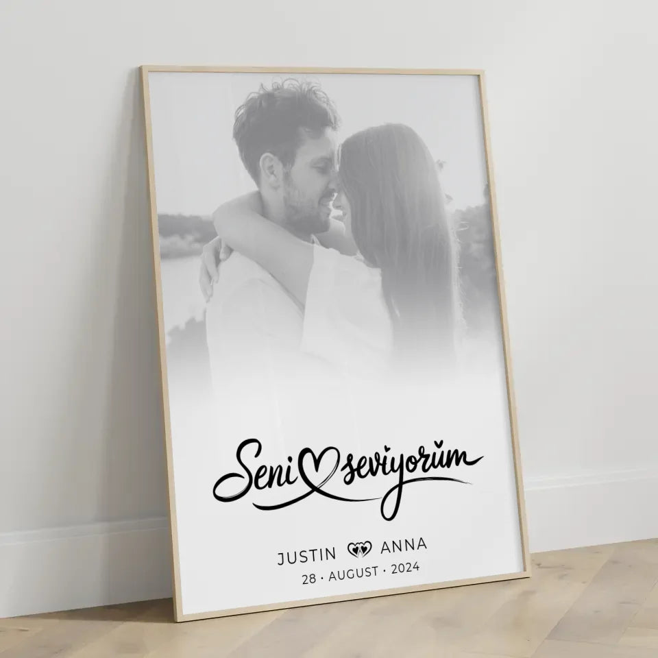Personalisiertes Poster für Paare Foto Black & White Seni Seviyorum mit Namen