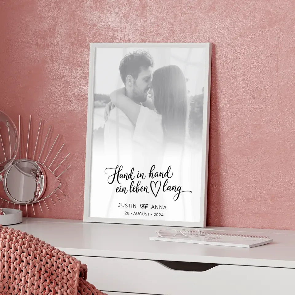Personalisiertes Poster Paare Hand In Hand Ein Leben Lang Foto Schwarz Weiß