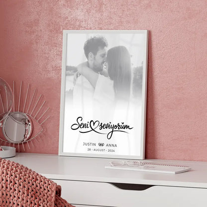 Personalisiertes Poster für Paare Foto Black & White Seni Seviyorum mit Namen