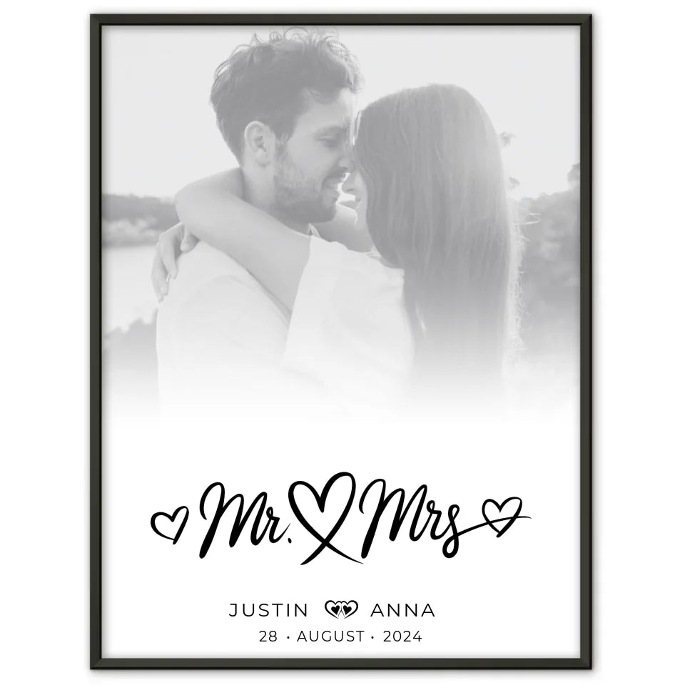 Personalisiertes Poster Paare Foto Schwarz Weiß Mr & Mrs mit Namen Datum