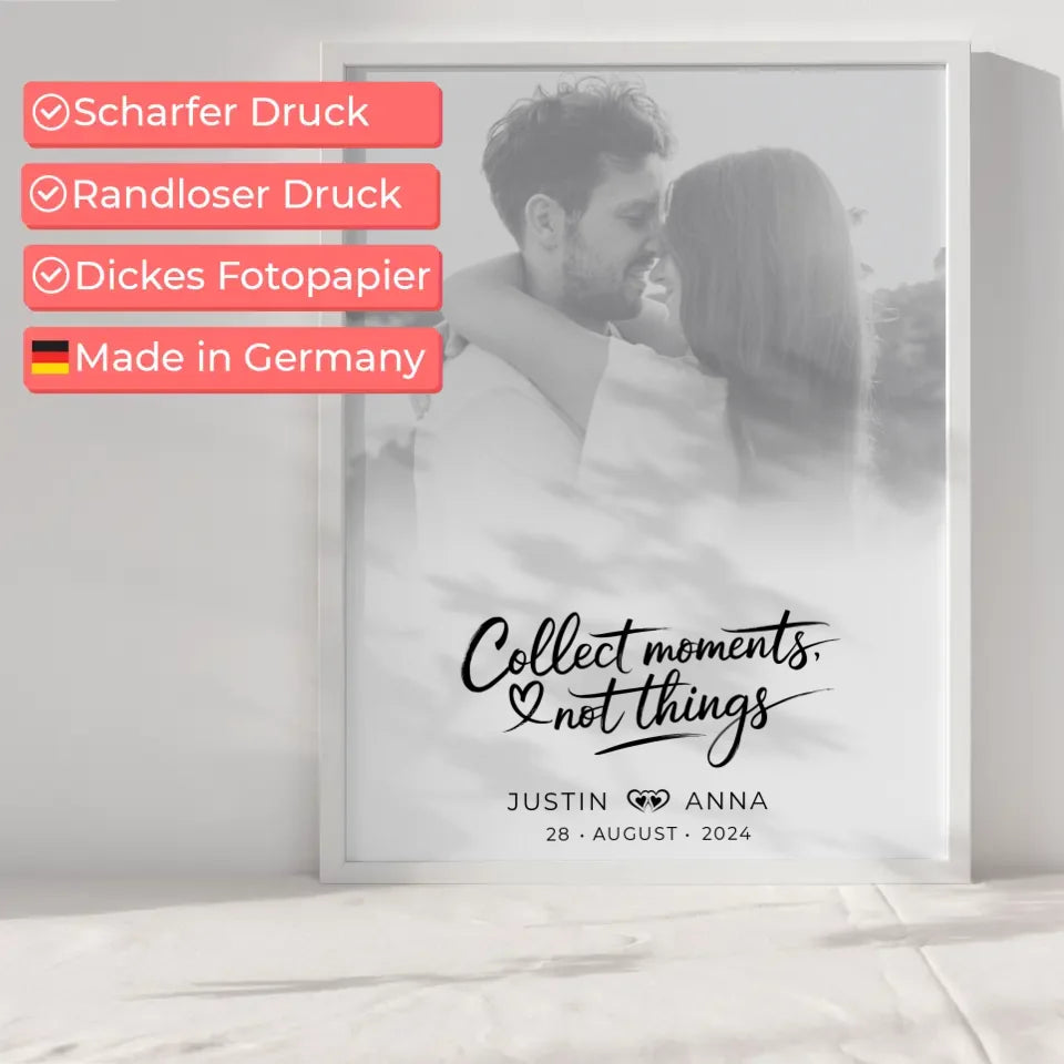 Personalisiertes Poster für Paare mit Foto in Schwarz Weiß Collect Moments Not Things