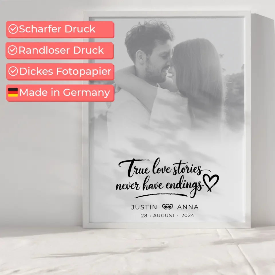 Personalisiertes Poster Paare Foto Black & White True Love Stories mit Namen