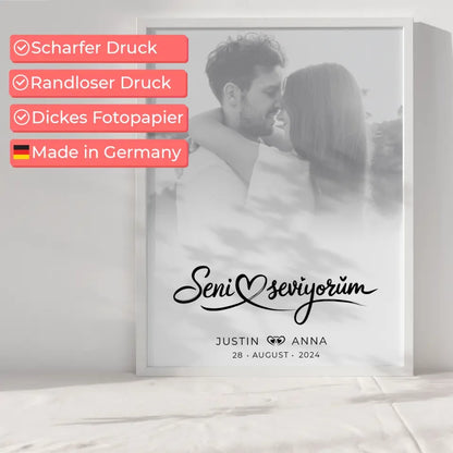 Personalisiertes Poster für Paare Foto Black & White Seni Seviyorum mit Namen