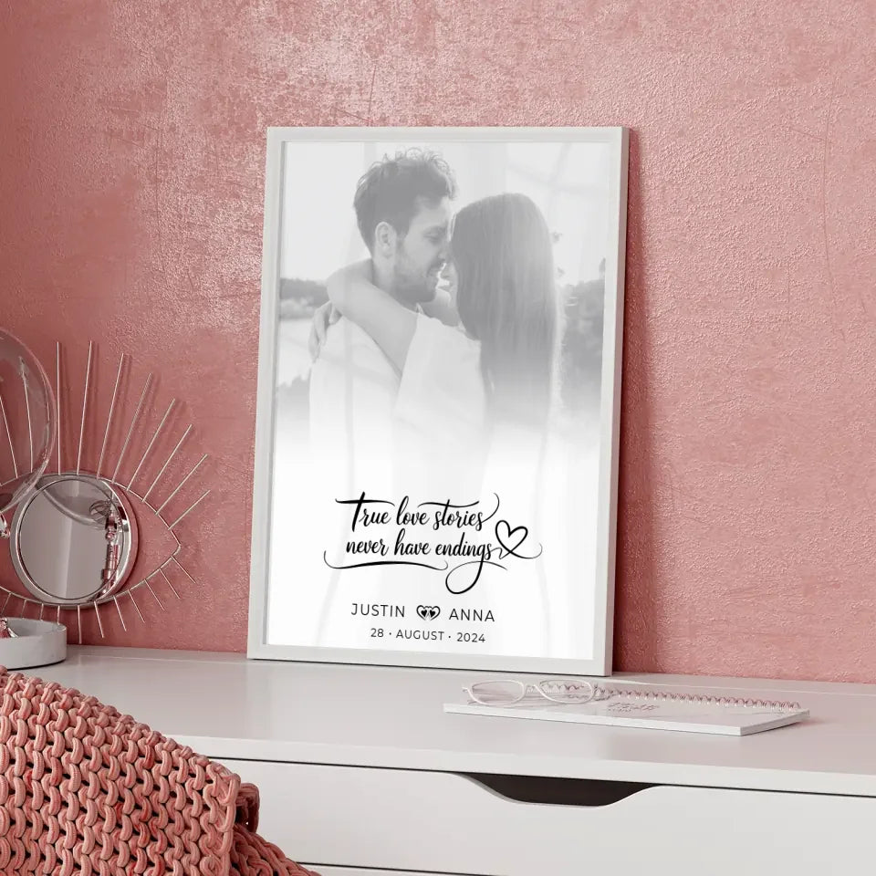 Personalisiertes Poster für Paare Foto Schwarz Weiß True Love Stories Never Have Endings