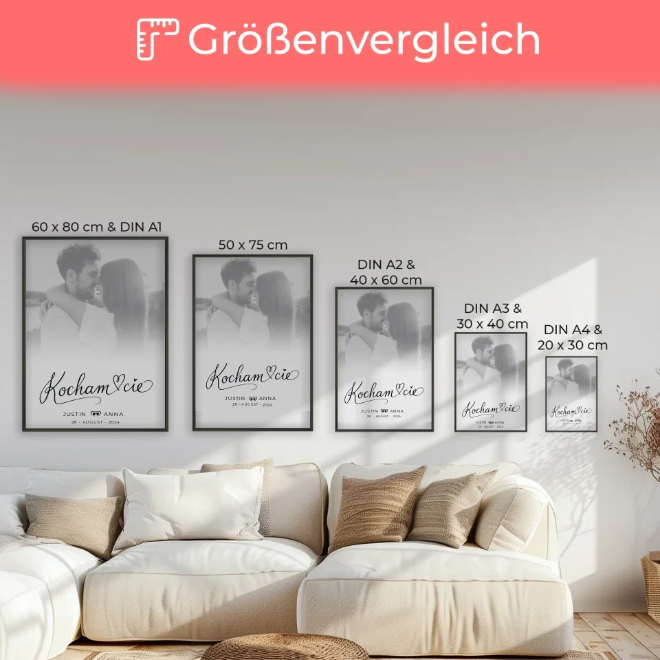 Personalisiertes Poster Paare Foto Schwarz Weiß Kocham Cie mit Namen