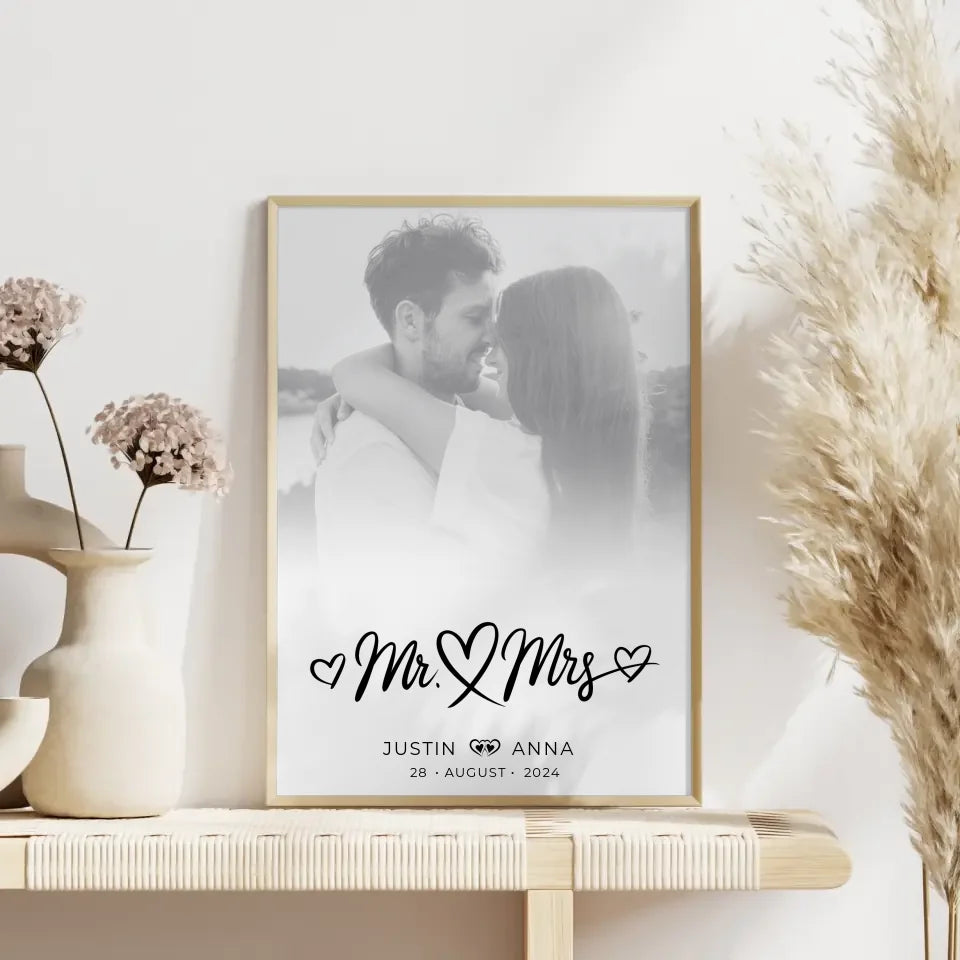 Personalisiertes Poster Paare Foto Schwarz Weiß Mr & Mrs mit Namen Datum