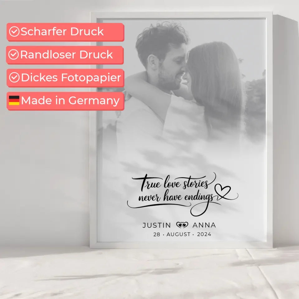 Personalisiertes Poster für Paare Foto Schwarz Weiß True Love Stories Never Have Endings
