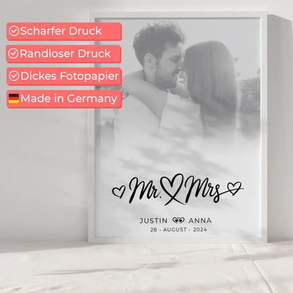 Personalisiertes Poster Paare Foto Schwarz Weiß Mr & Mrs mit Namen Datum