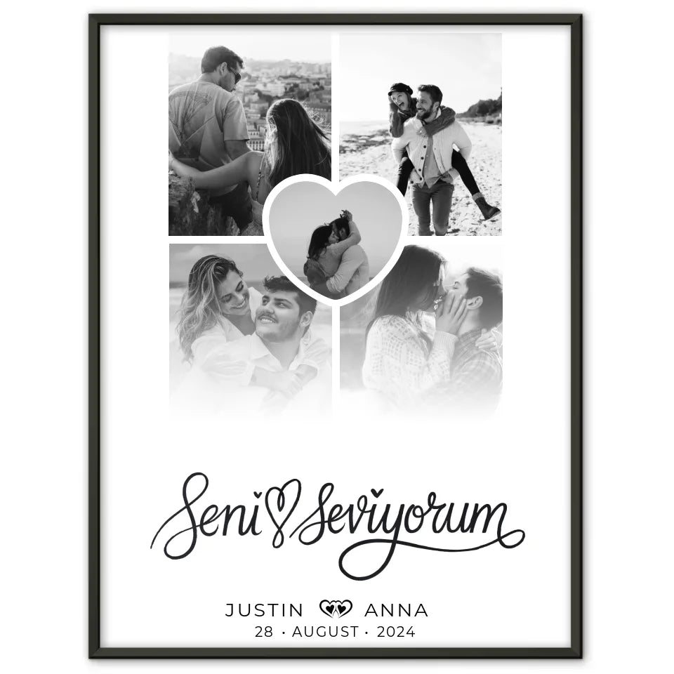 Personalisiertes Poster für Paare Fotocollage 5 Fotos Seni Seviyorum