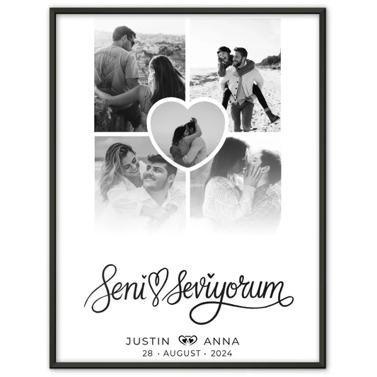 Personalisiertes Poster für Paare Fotocollage 5 Fotos Seni Seviyorum