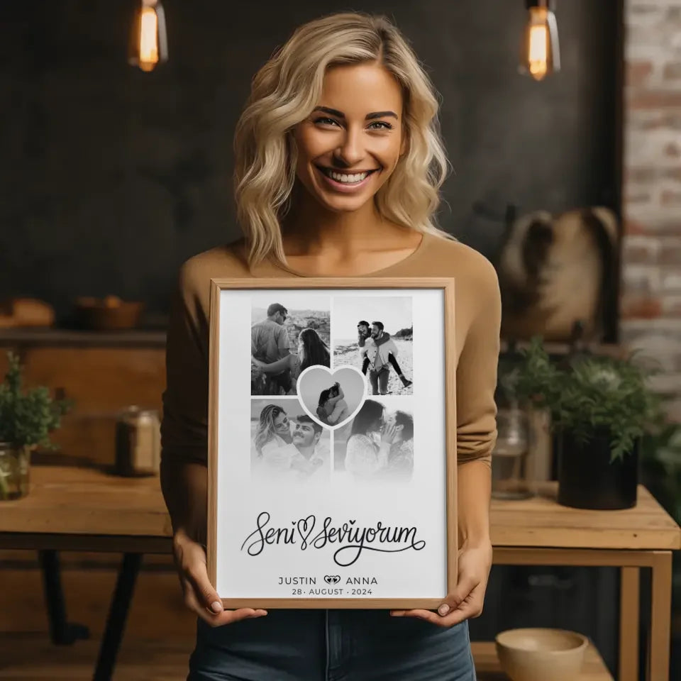 Personalisiertes Poster für Paare Fotocollage 5 Fotos Seni Seviyorum