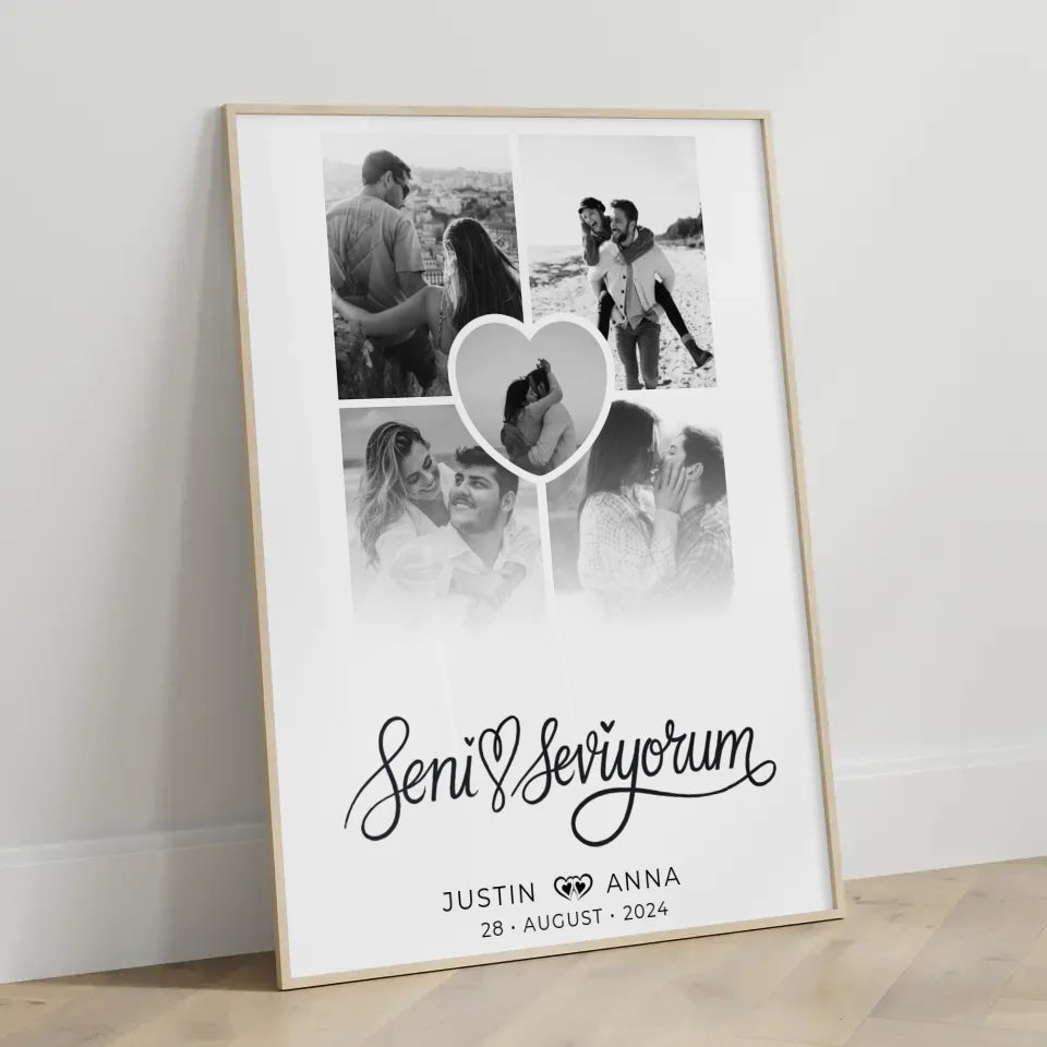 Personalisiertes Poster für Paare Fotocollage 5 Fotos Seni Seviyorum