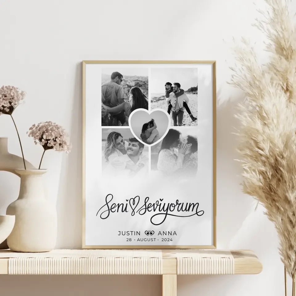 Personalisiertes Poster für Paare Fotocollage 5 Fotos Seni Seviyorum