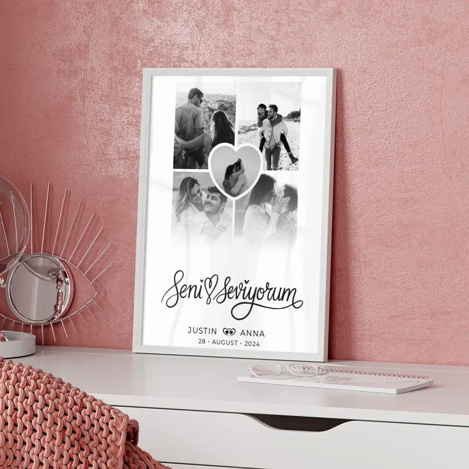 Personalisiertes Poster für Paare Fotocollage 5 Fotos Seni Seviyorum