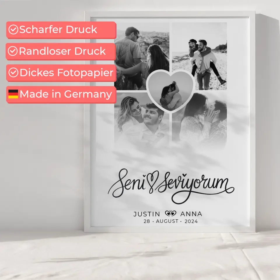 Personalisiertes Poster für Paare Fotocollage 5 Fotos Seni Seviyorum
