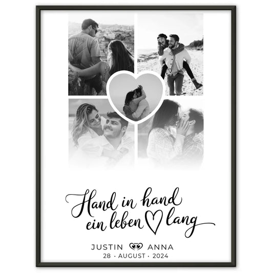Personalisiertes Poster Paare Fotocollage 5 Fotos Hand In Hand Ein Leben Lang mit Namen und Datum