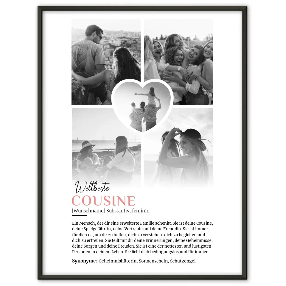 Personalisiertes Poster Definition Cousine 5 Fotos Black & White mit Name