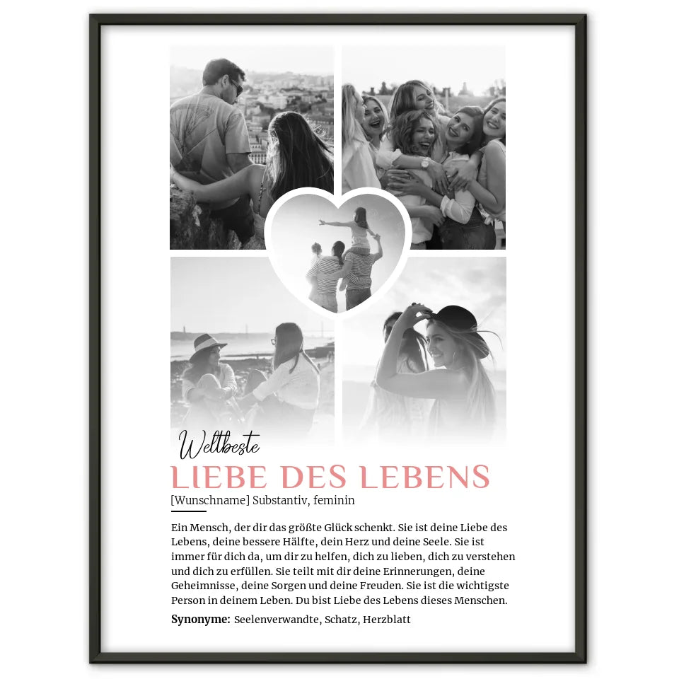 Personalisiertes Poster Definition Liebe des Lebens 5 Fotos Black & White mit Name