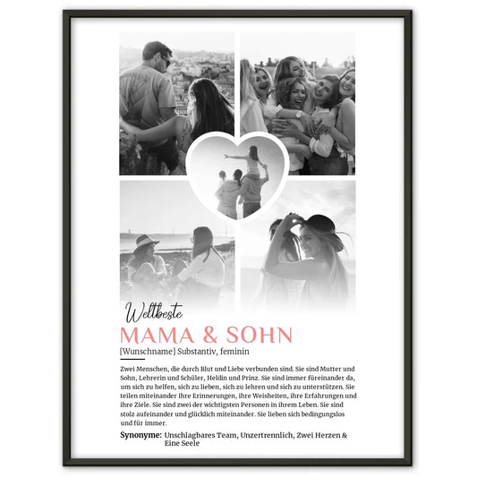 Personalisiertes Poster Definition Mama & Sohn 5 Fotos Black & White mit Name