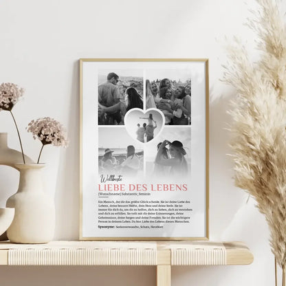 Personalisiertes Poster Definition Liebe des Lebens 5 Fotos Black & White mit Name