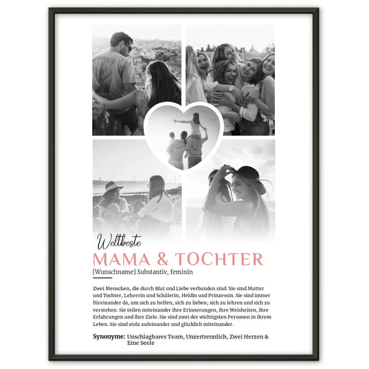 Personalisiertes Poster Definition Mama & Tochter 5 Fotos Schwarz Weiß mit Name