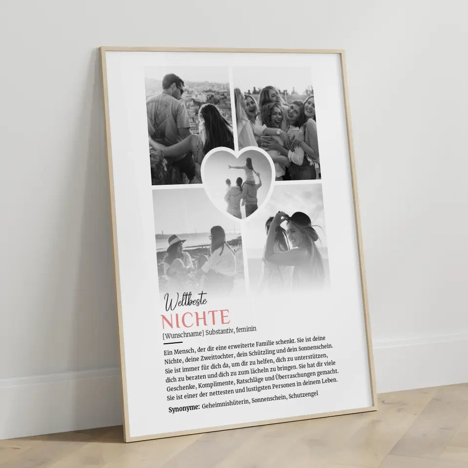 Personalisiertes Poster Definition Nichte 5 Fotos Black & White mit Name