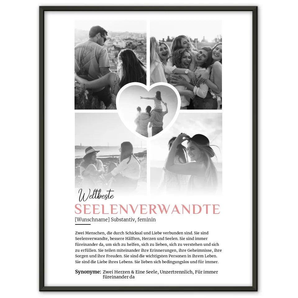 Personalisiertes Poster Definition Seelenverwandte 5 Fotos Schwarz Weiß mit Name