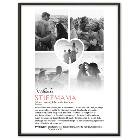 Personalisiertes Poster Definition Stiefmama 5 Fotos Black & White mit Name