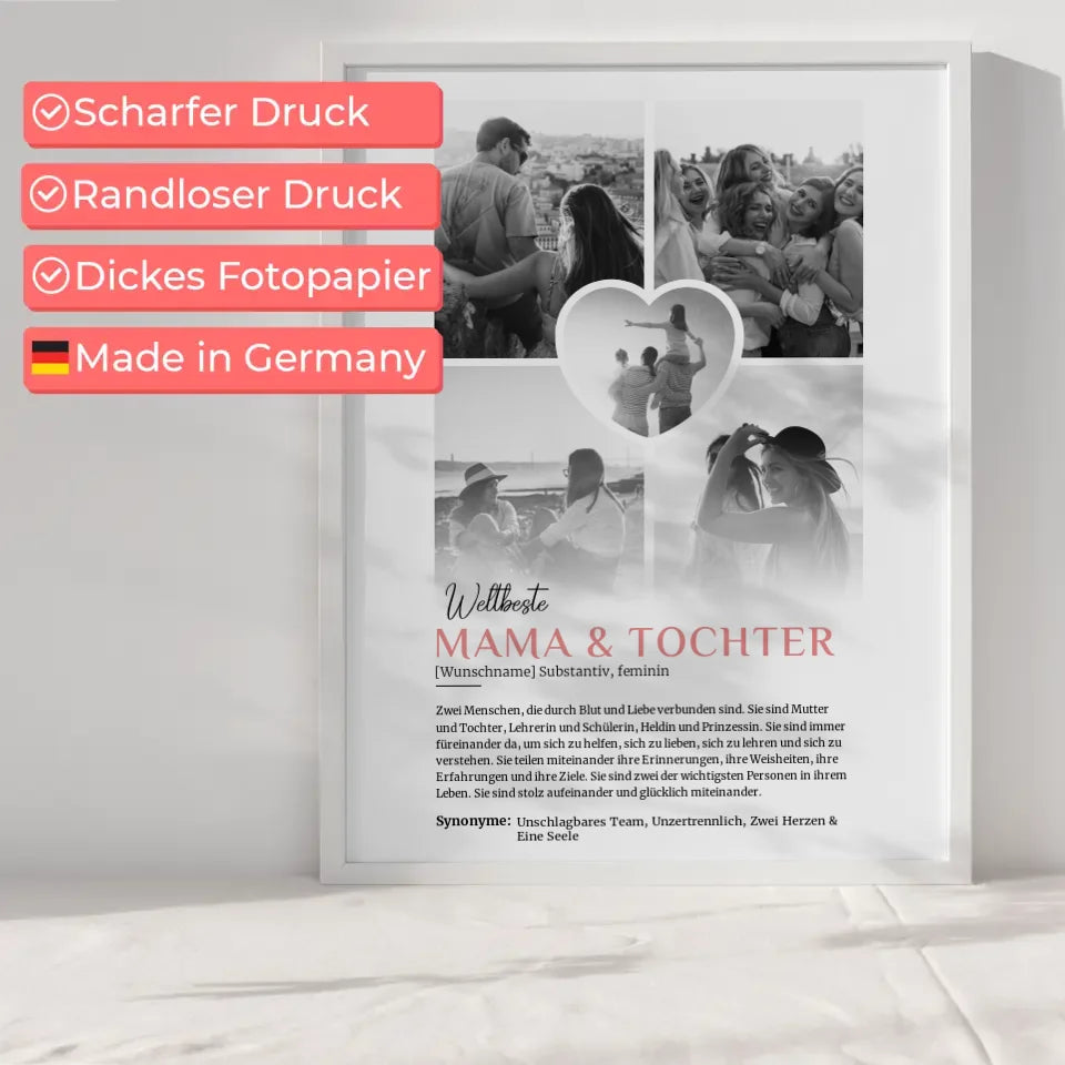Personalisiertes Poster Definition Mama & Tochter 5 Fotos Schwarz Weiß mit Name