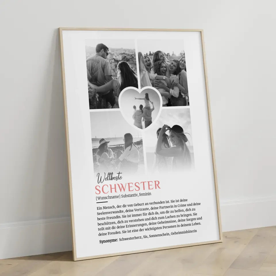 Personalisiertes Poster Definition Schwester 5 Fotos Black & White mit Name