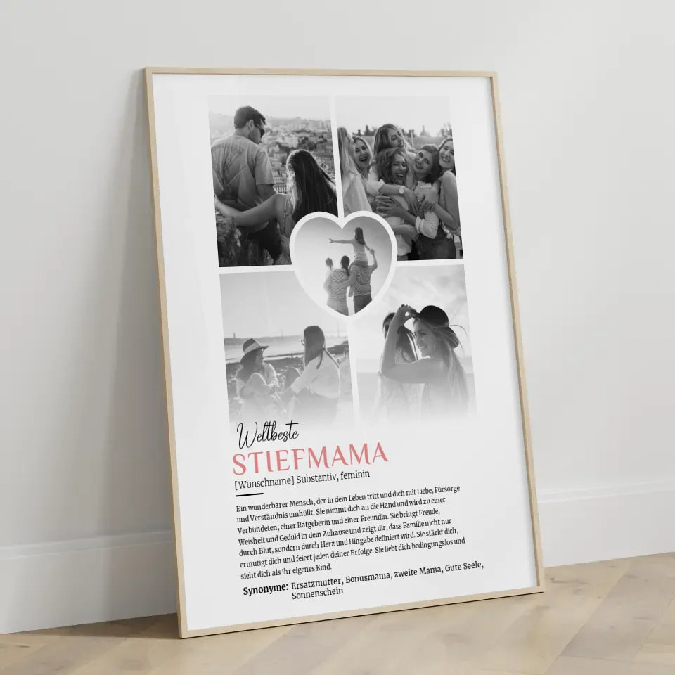 Personalisiertes Poster Definition Stiefmama 5 Fotos Black & White mit Name