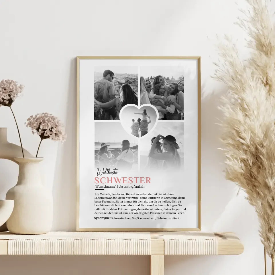 Personalisiertes Poster Definition Schwester 5 Fotos Black & White mit Name