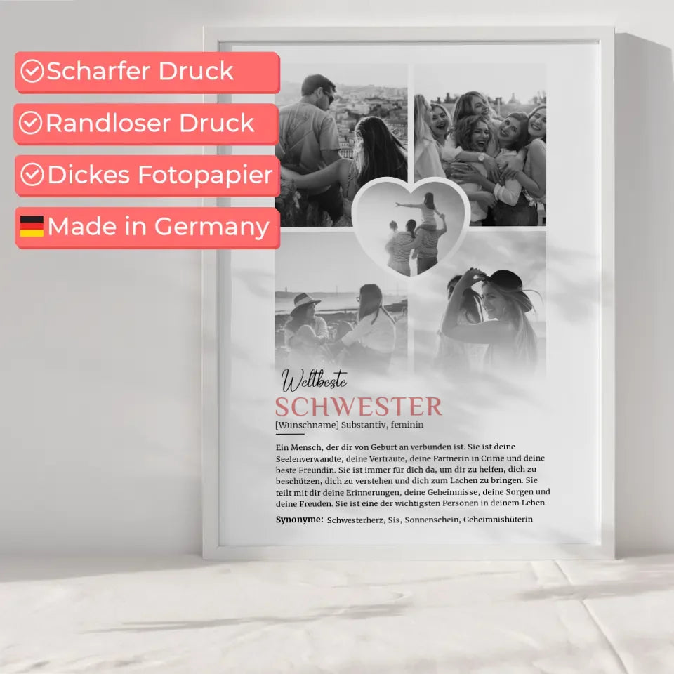 Personalisiertes Poster Definition Schwester 5 Fotos Black & White mit Name