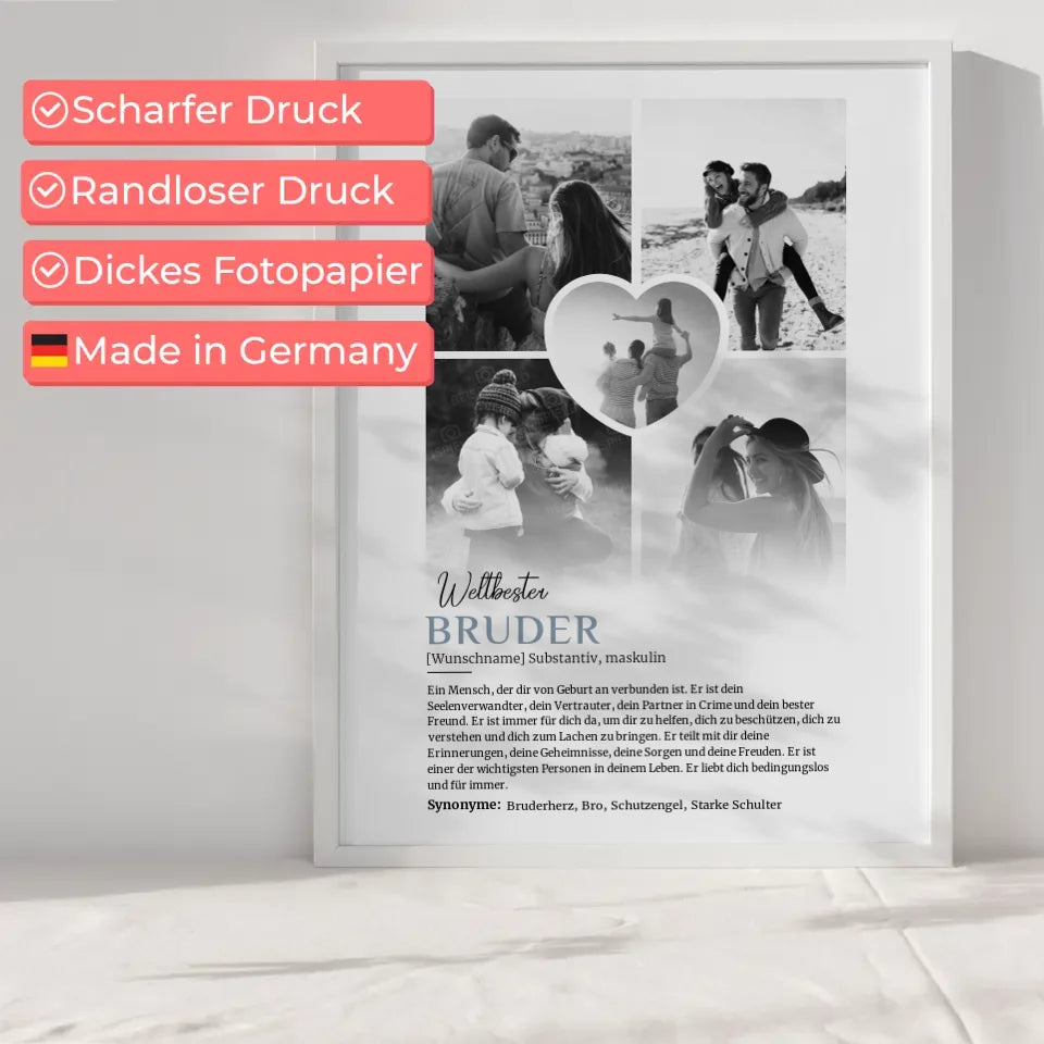 Personalisiertes Poster Definition Bruder mit 5 Fotos Schwarz Weiß