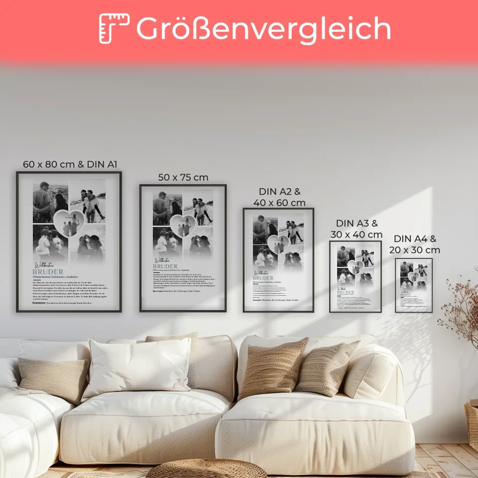 Personalisiertes Poster Definition Bruder mit 5 Fotos Schwarz Weiß