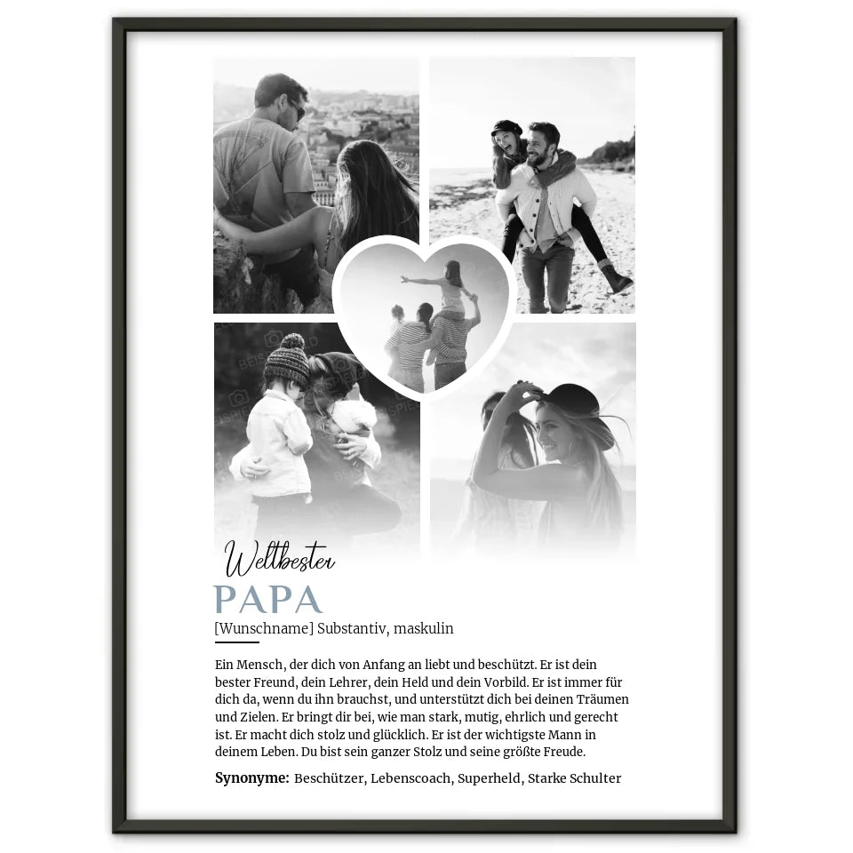 Personalisiertes Poster Definition Papa 5 Fotos Black & White mit Name