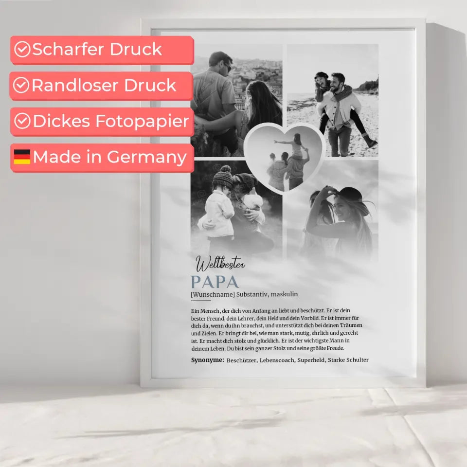 Personalisiertes Poster Definition Papa 5 Fotos Black & White mit Name