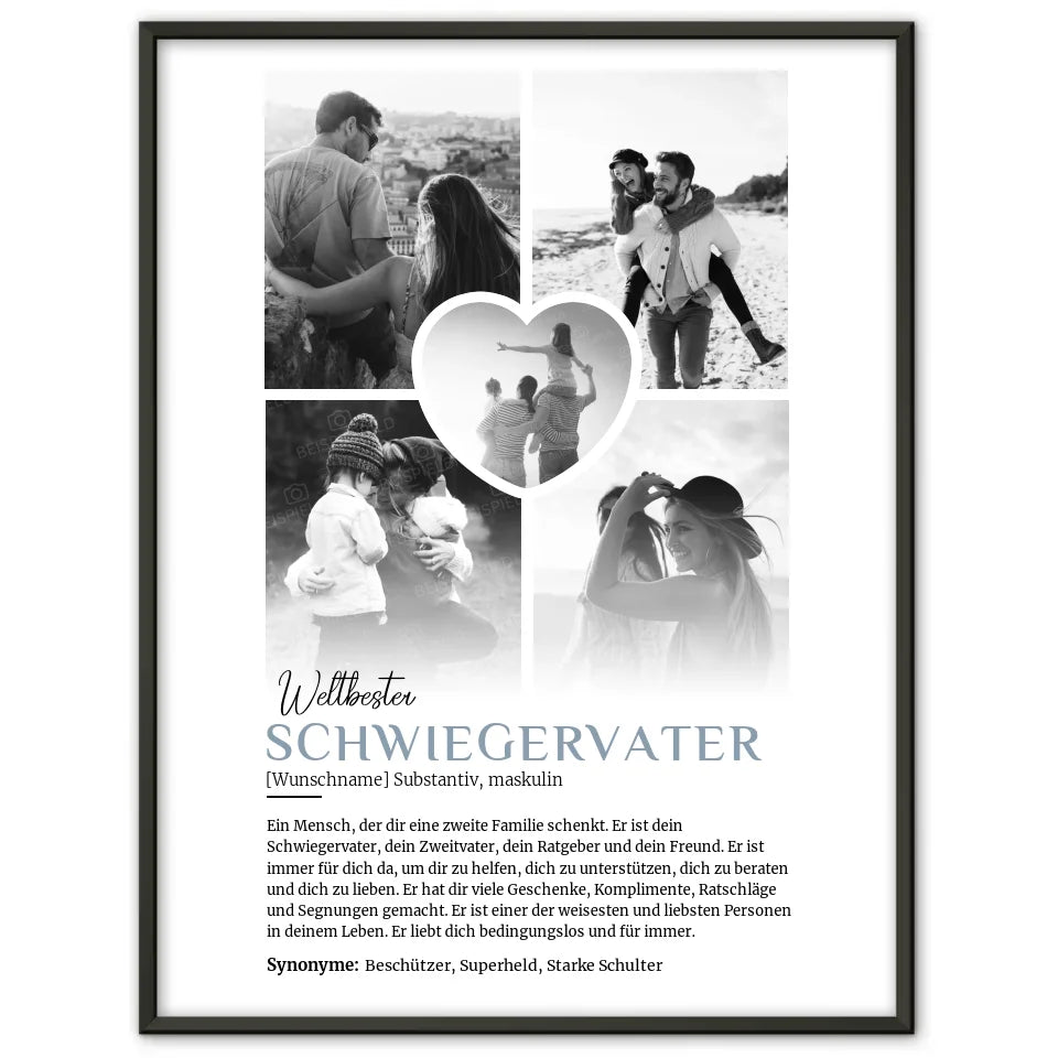 Personalisiertes Poster Definition Schwiegervater 5 Fotos Black & White mit Name