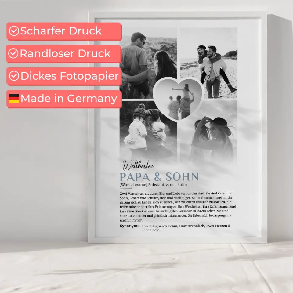 Personalisiertes Poster Definition Papa & Sohn 5 Fotos Schwarz Weiß mit Name