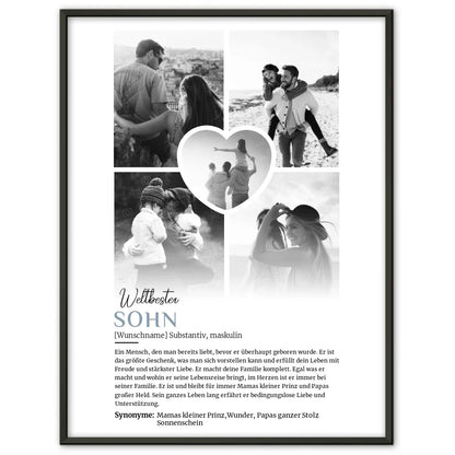 Personalisiertes Poster Definition Sohn 5 Fotos Schwarz Weiß mit Name