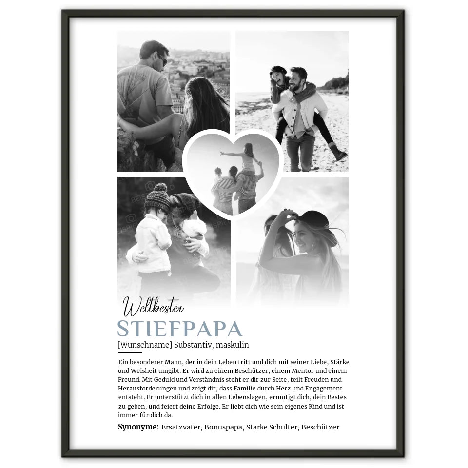 Personalisiertes Poster Definition Stiefpapa 5 Fotos Black & White mit Name