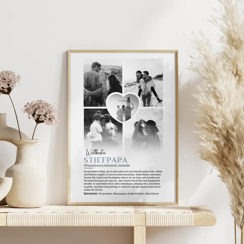 Personalisiertes Poster Definition Stiefpapa 5 Fotos Black & White mit Name