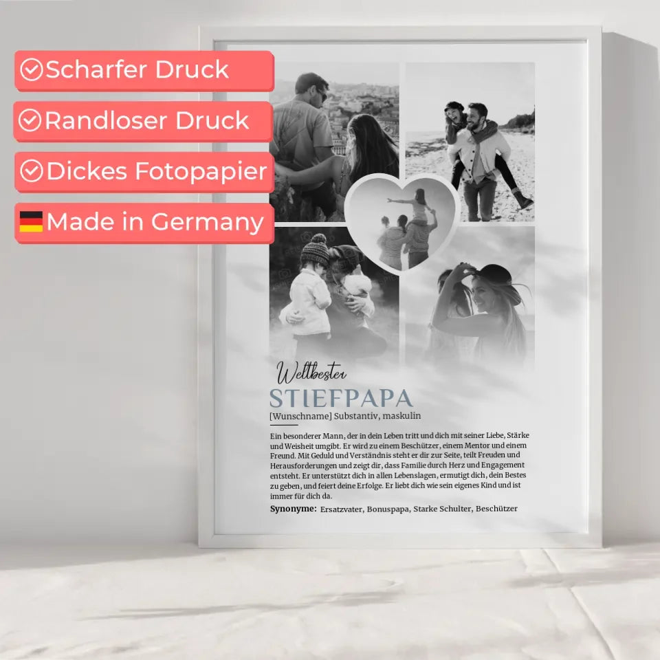 Personalisiertes Poster Definition Stiefpapa 5 Fotos Black & White mit Name