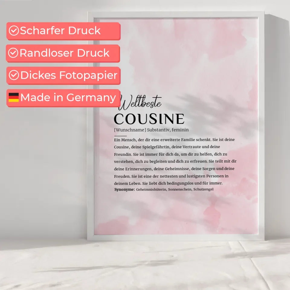 Personalisiertes Poster Definition Cousine Rosa Aquarell mit Name