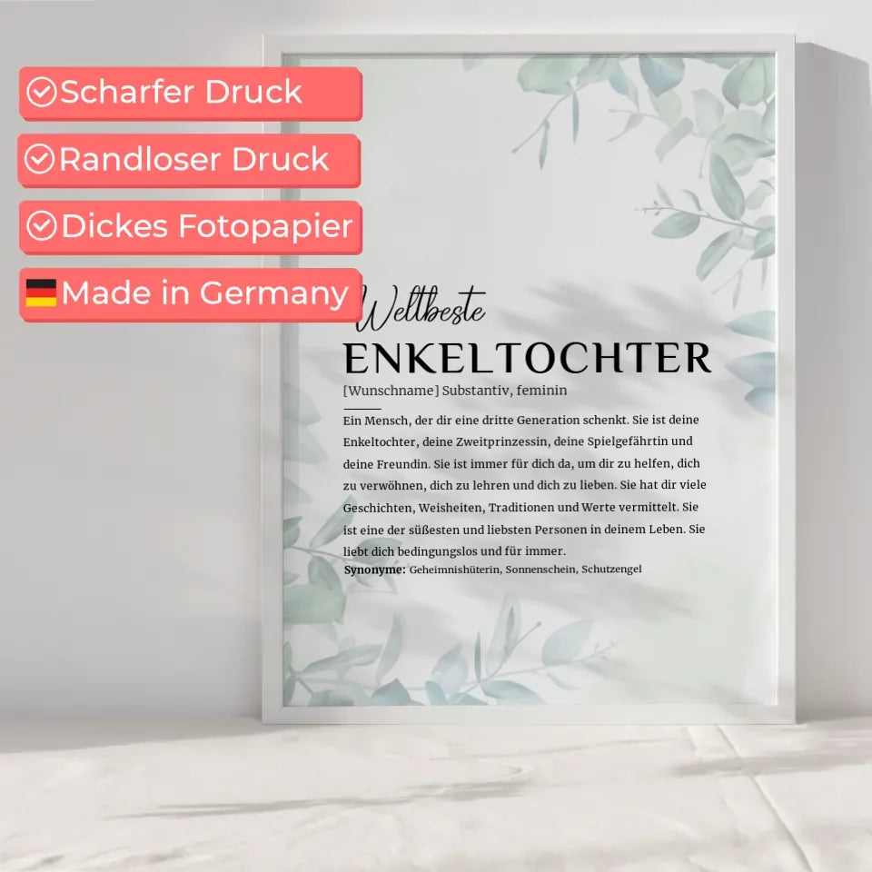 Personalisiertes Poster Definition Enkeltochter Eukalyptus Stil mit Name