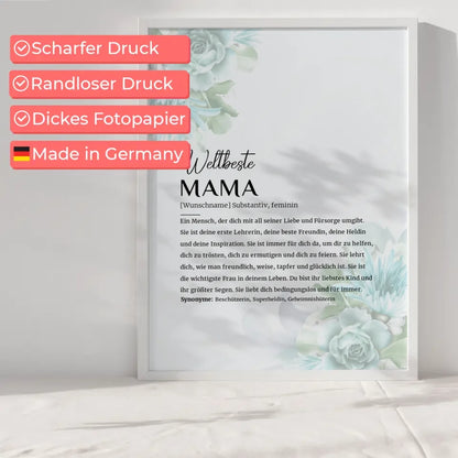 Personalisiertes Poster Definition Mama Floral Blau mit Name