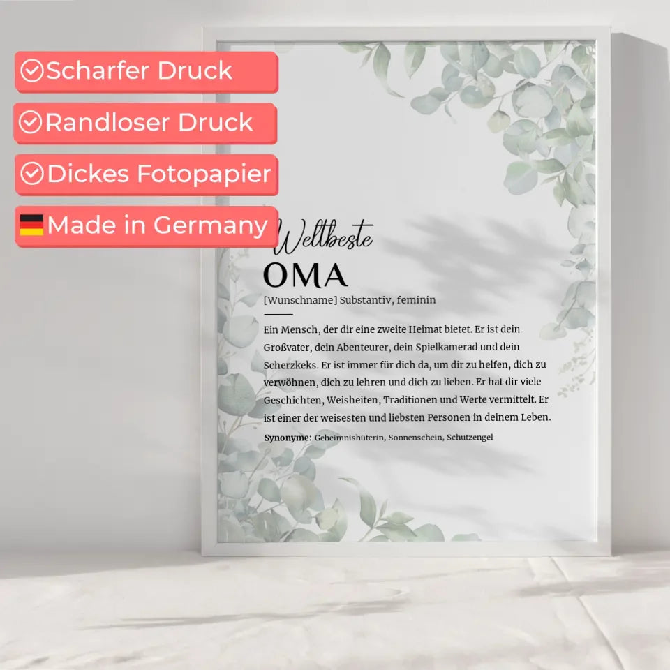 Personalisiertes Poster Definition Oma mit Eukalyptus und Name