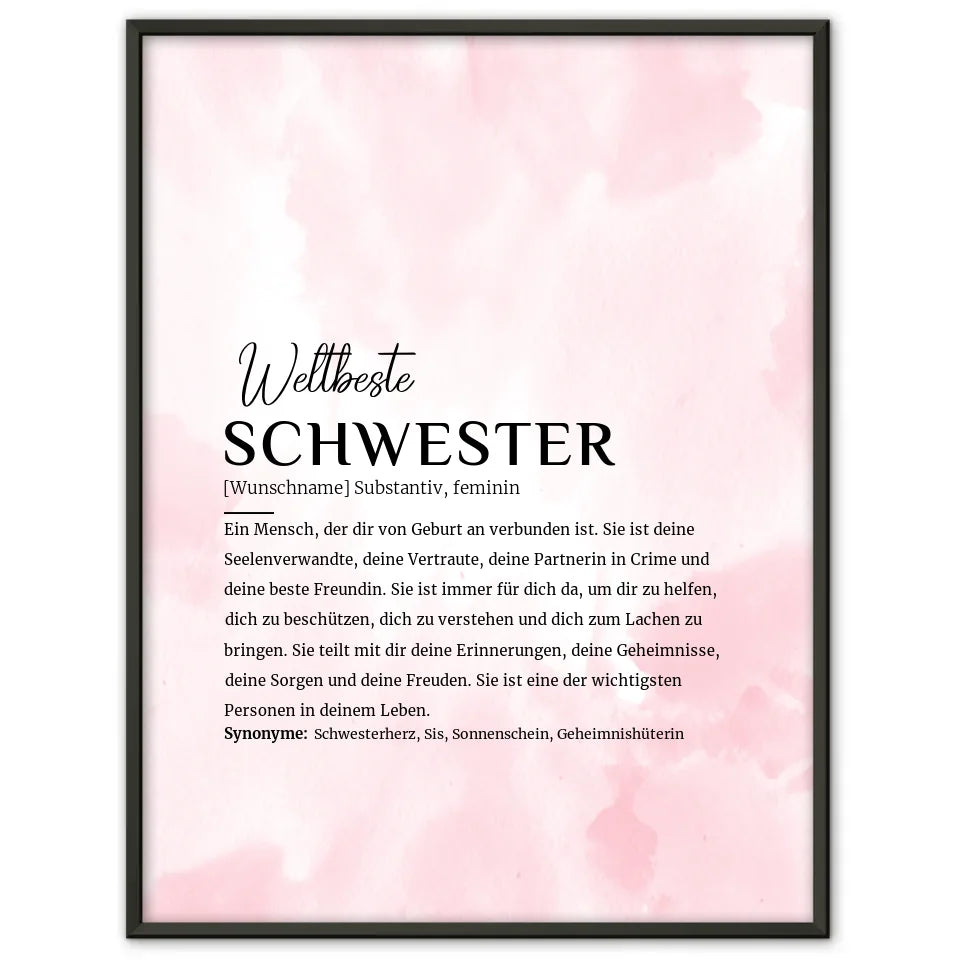 Personalisiertes Poster Definition Schwester Rosa Aquarell mit Name
