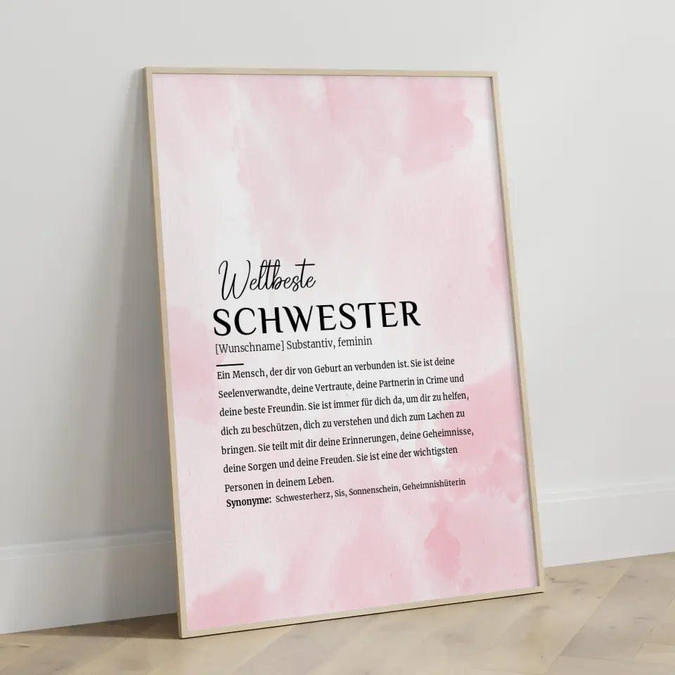 Personalisiertes Poster Definition Schwester Rosa Aquarell mit Name