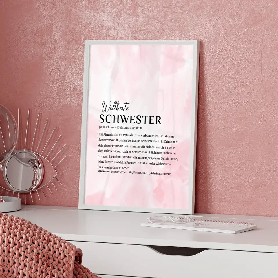 Personalisiertes Poster Definition Schwester Rosa Aquarell mit Name